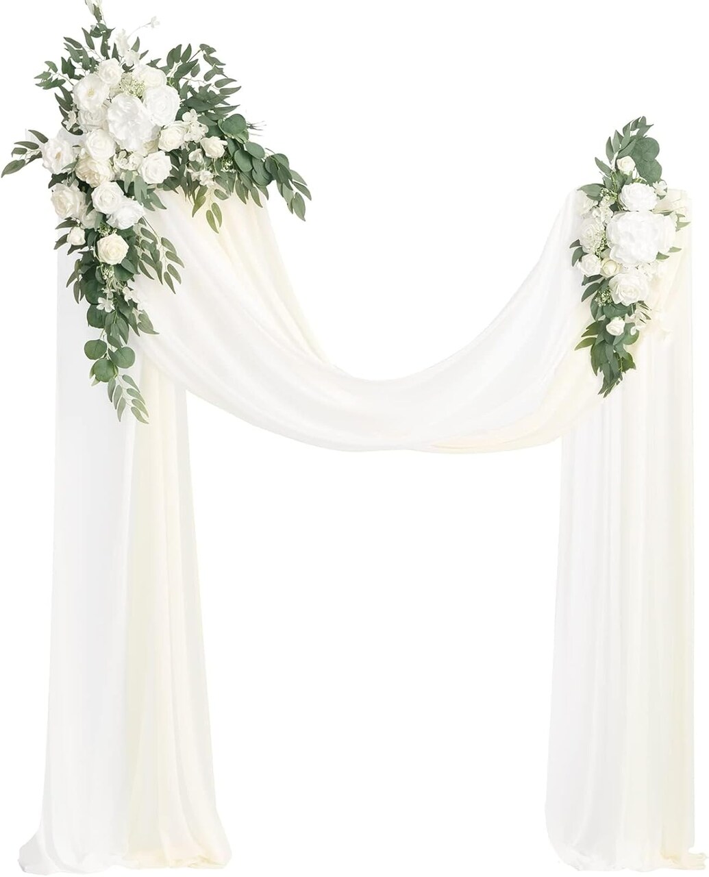 Artificial Wedding Arch Flowers Kit Pack of 4 White Sage Floral Swags with Chiffon Drapes Silk Rose Arch Decor for Ceremony Backdrop Reception Party